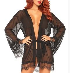 Leg Avenue Black Sheer Short Robe With Eyelash Lace Trim and Flared Sleeves with Panty
